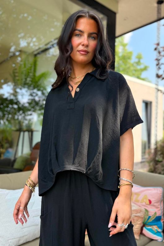 Lina Linen Blend French Tuck Blouse Black
